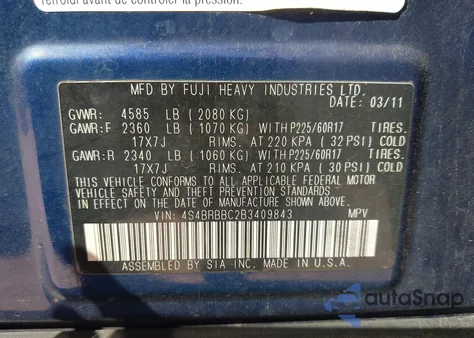 2011 Subaru Outback 2.5I Premium from USA, damaged, VIN 4S4BRBBC2B3409843